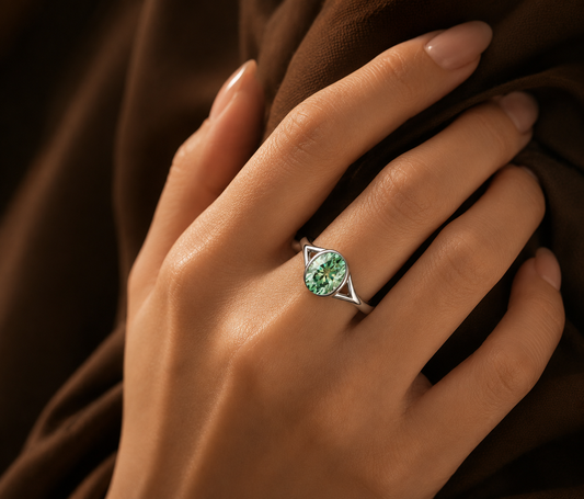 No.13 Green Oval Moissanite Ring – S925 Sterling Silver, 18K White Gold Plated