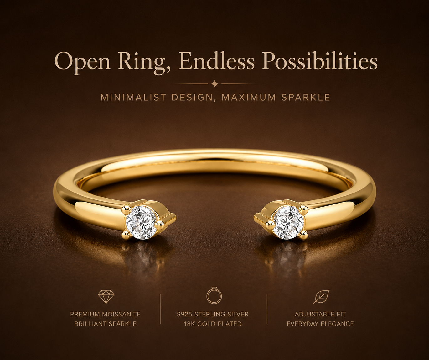 No.08 Minimalist Open Moissanite Ring – S925 Sterling Silver, 18K Gold Plated
