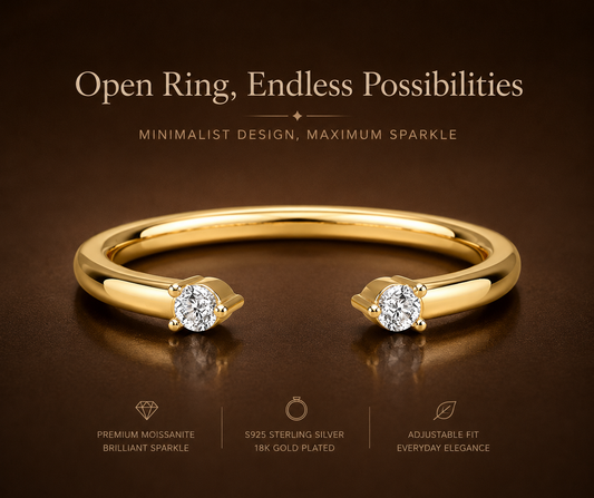 No.08 Minimalist Open Moissanite Ring – S925 Sterling Silver, 18K Gold Plated