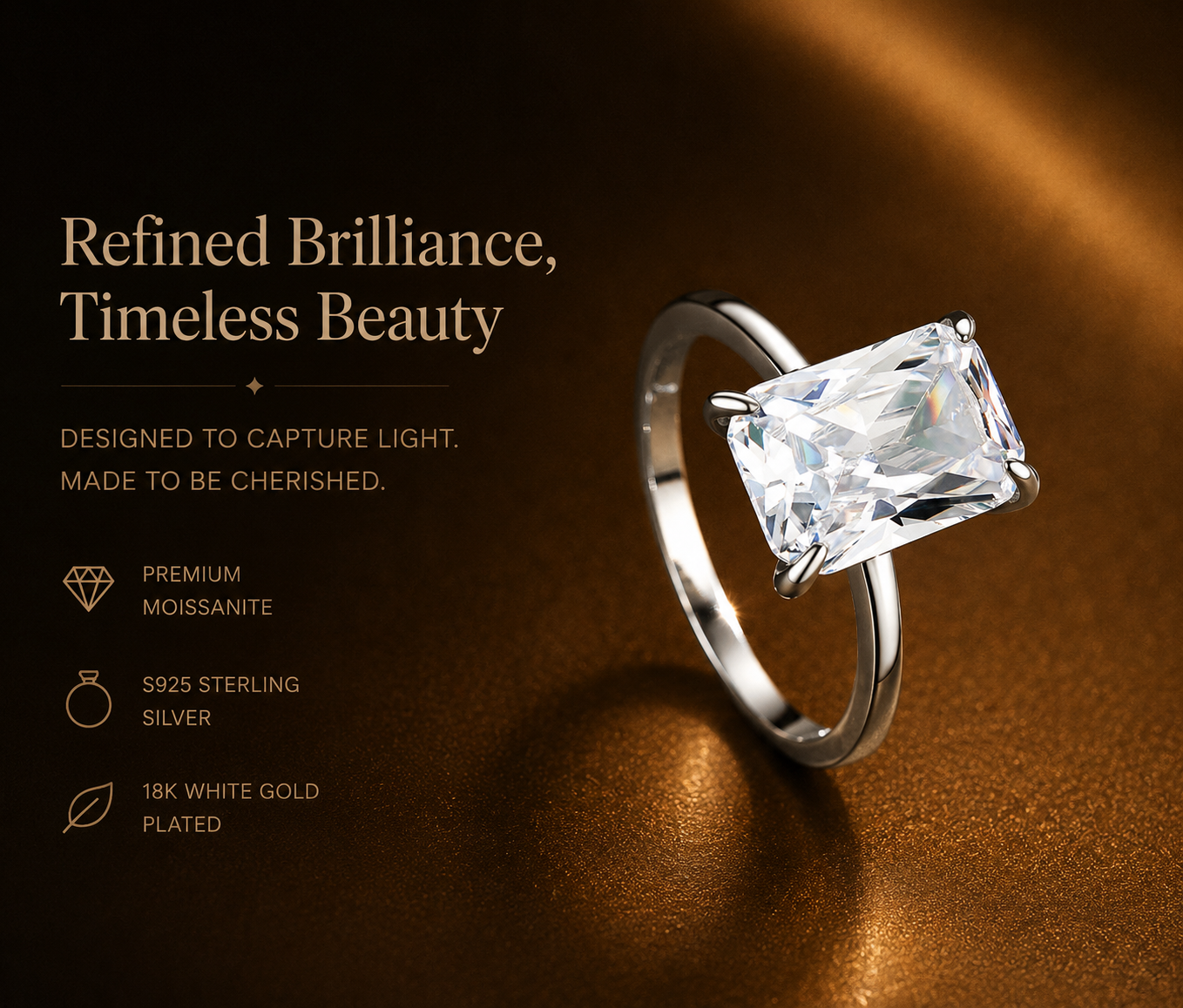 No.14 Radiant Cut Moissanite Engagement Ring – S925 Sterling Silver, 18K White Gold Plated