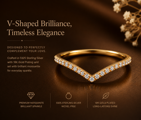 No.10 V-Shaped Moissanite Wedding Band – S925 Sterling Silver, 18K Gold Plated