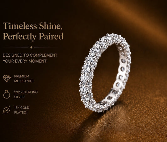 No.12 Round-Cut Double Halo Moissanite Eternity Band – S925 Sterling Silver, 18K White Gold Plated