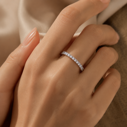 No.12 Round-Cut Double Halo Moissanite Eternity Band – S925 Sterling Silver, 18K White Gold Plated