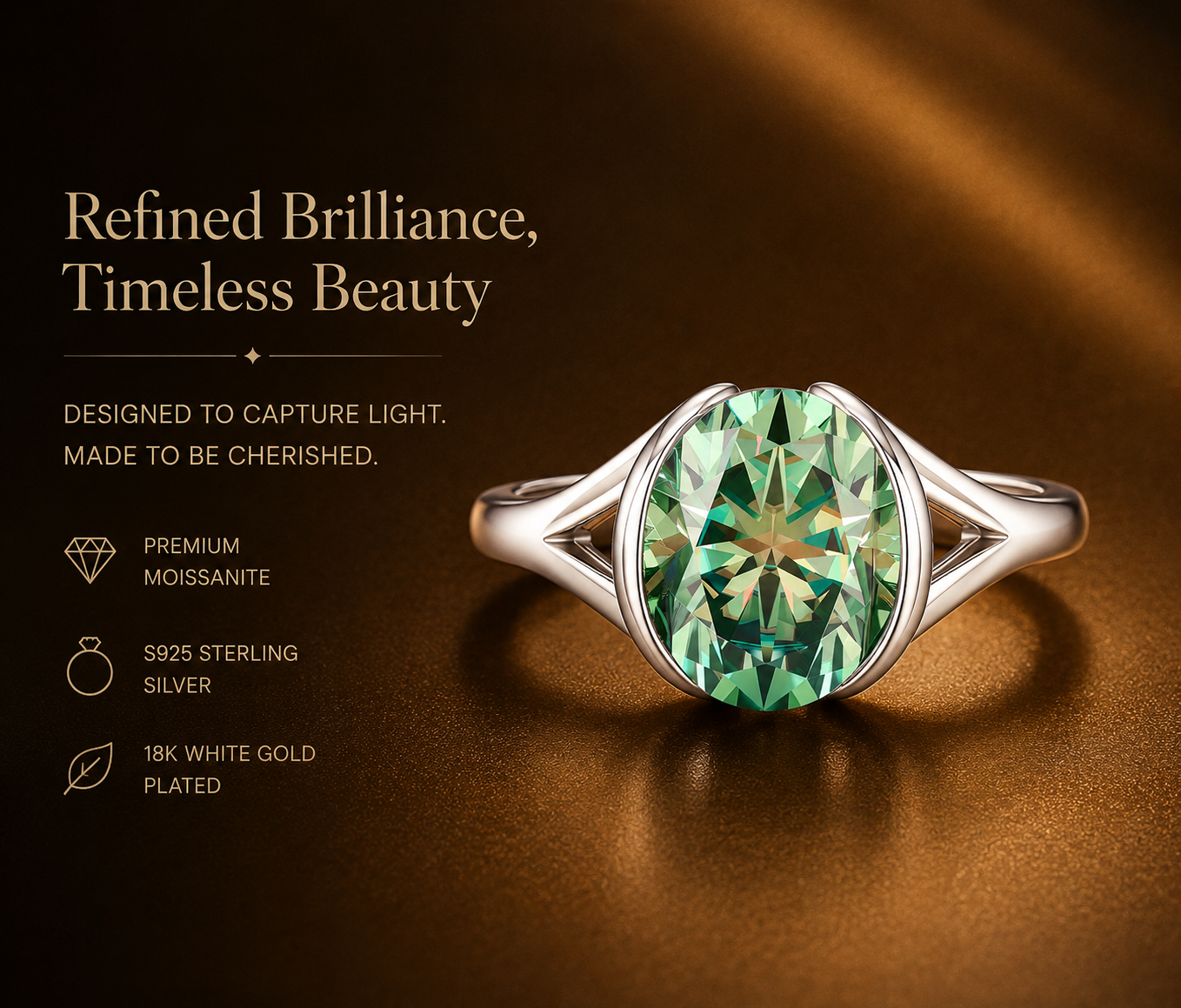 No.13 Green Oval Moissanite Ring – S925 Sterling Silver, 18K White Gold Plated