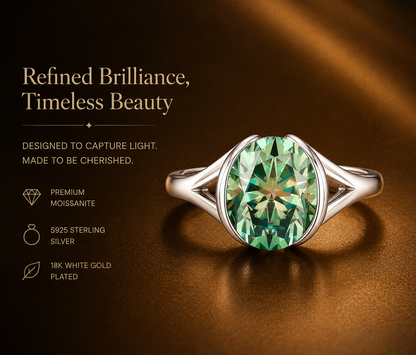 No.13 Green Oval Moissanite Ring – S925 Sterling Silver, 18K White Gold Plated