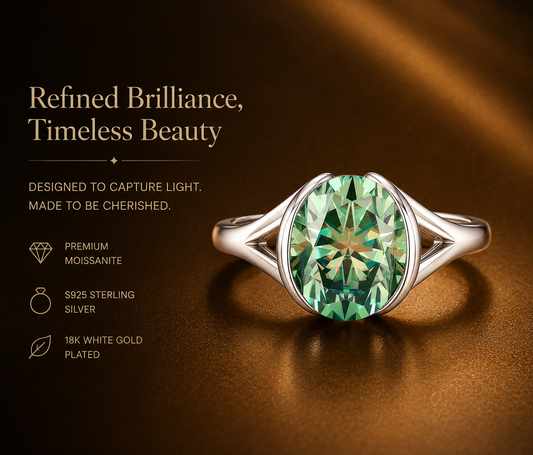 No.13 Green Oval Moissanite Ring – S925 Sterling Silver, 18K White Gold Plated